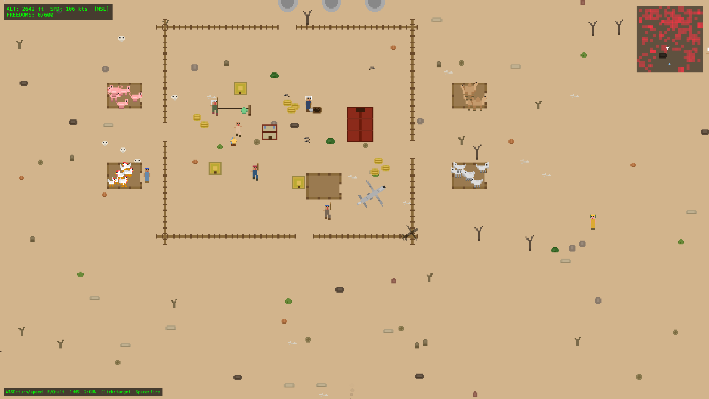 A fenced desert market compound full of stalls, crates and parked vehicles, seen from altitude