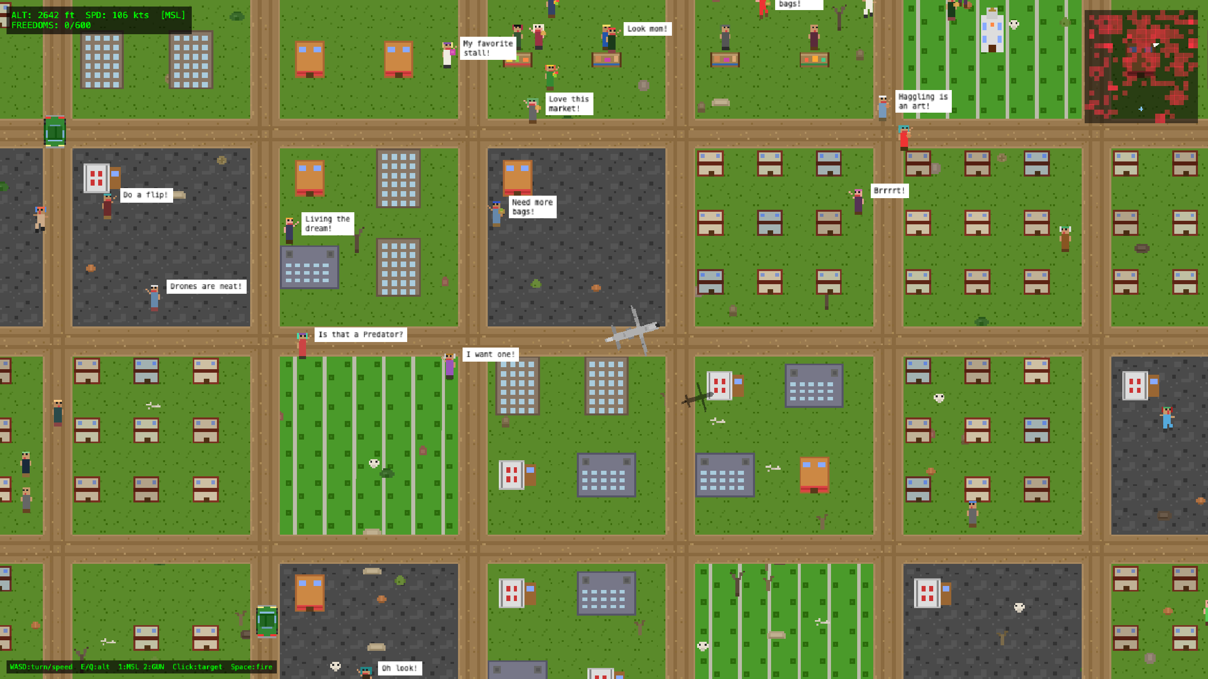 A dense grid of green irrigated fields and walled compounds, dotted with villagers and their chatter
