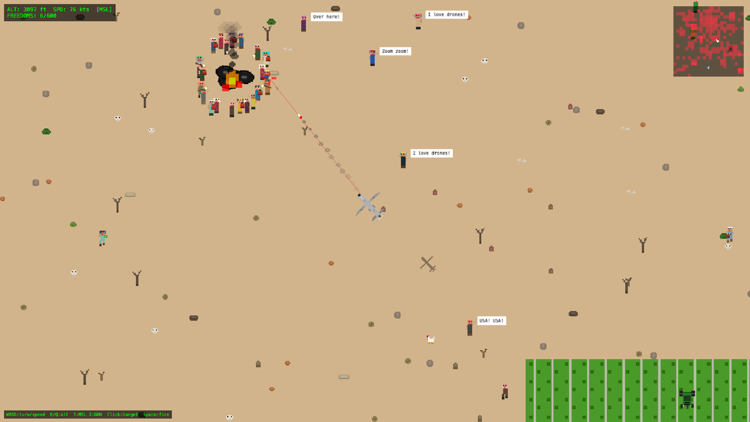 A crowd gathered around a truck in open desert, with the drone's laser designator line trained on it