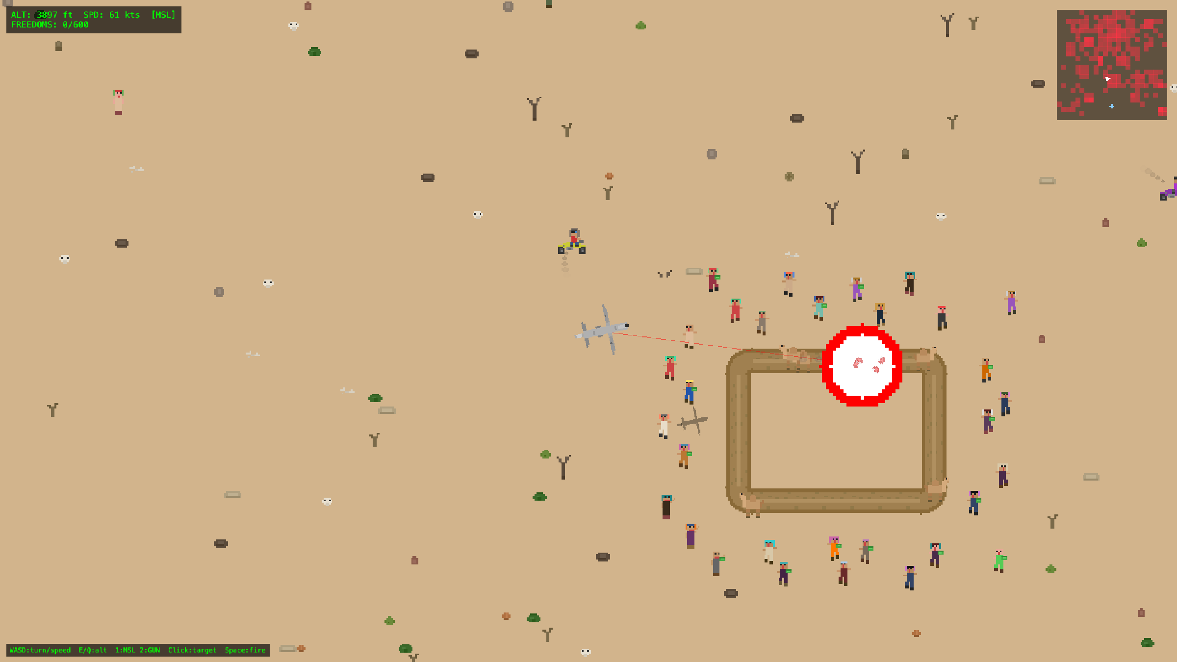 A red targeting reticle locked onto a walled corral surrounded by villagers