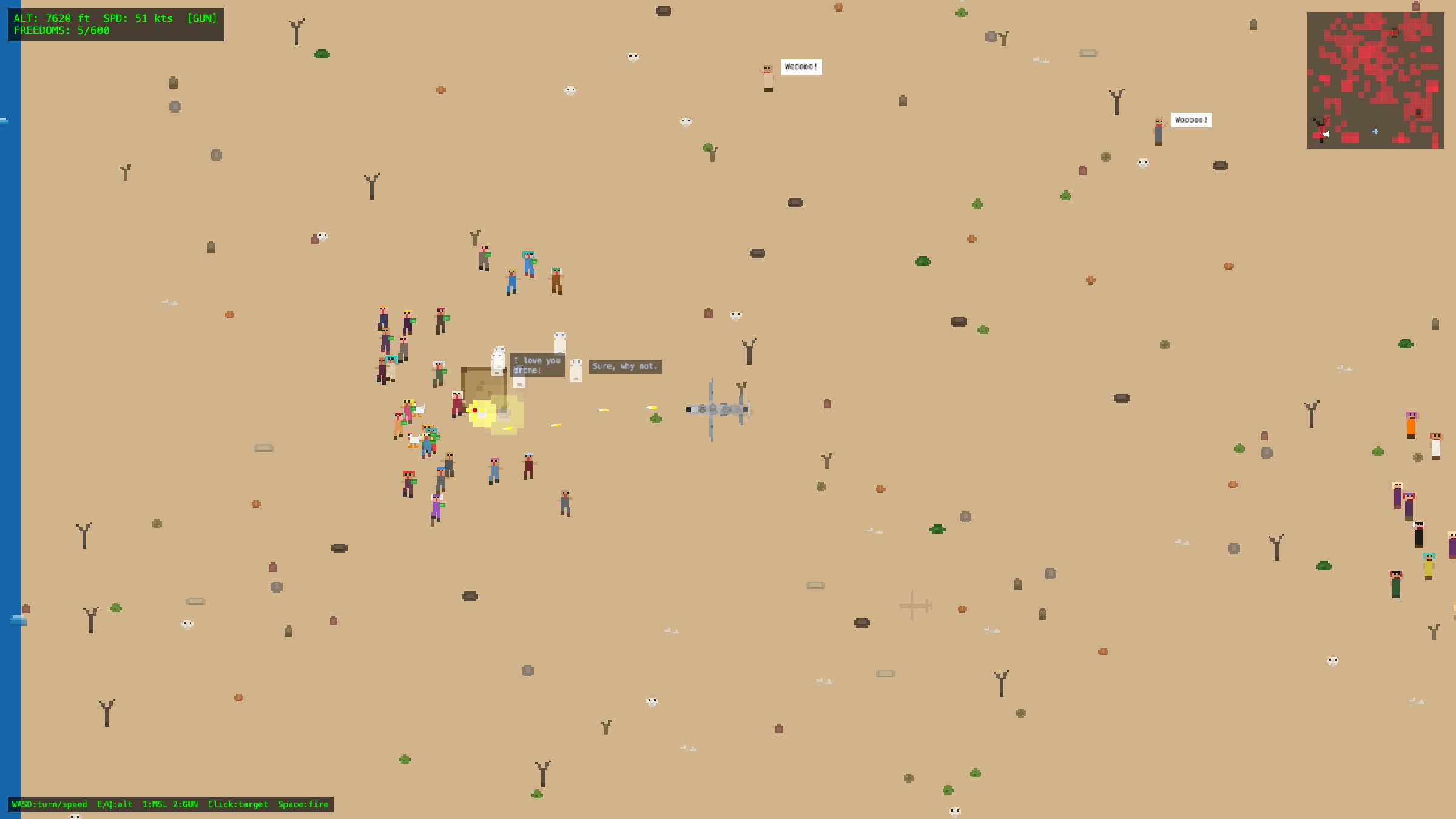 A strike going off among a crowd beside a small desert building, laser designator still lit