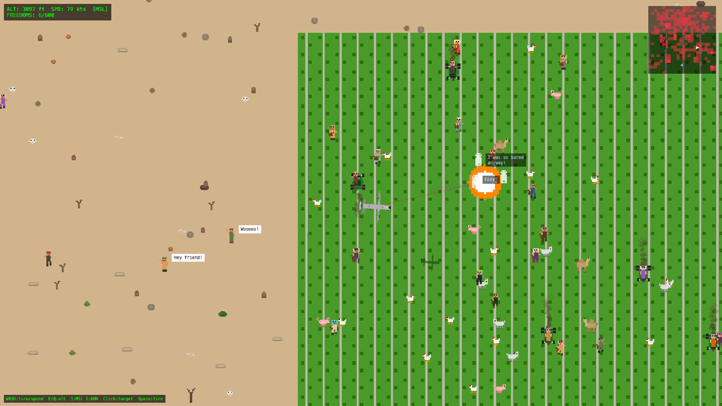 An explosion in a striped green crop field with farm workers scattering around it