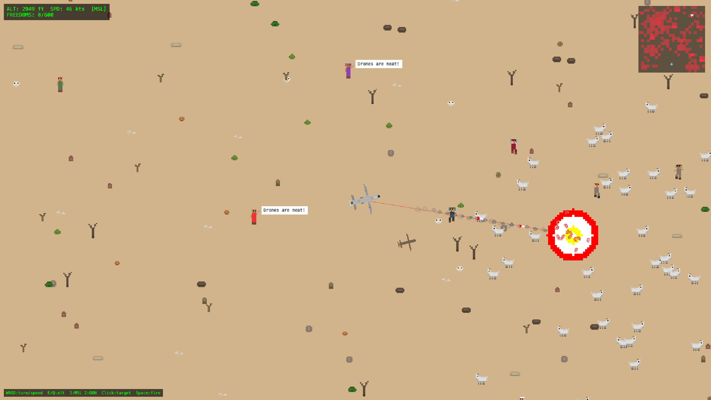 Open desert scattered with chickens, a reticle and laser line converging on a target