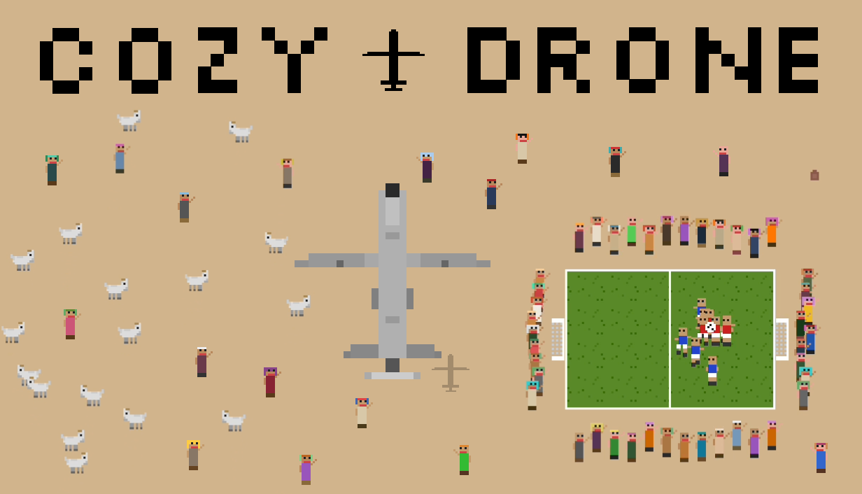 Cozy Drone key art: the drone over a crowd, goats and a soccer match